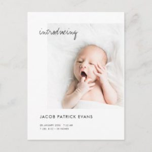 New baby birth announcement postcard with photo.
