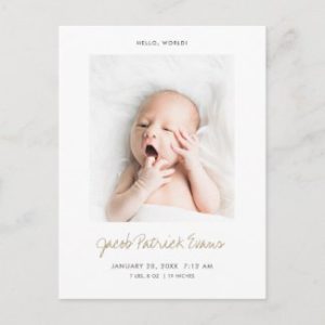 New born announcement postcard with photo.