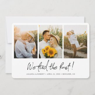 Photo collage elopement announcement card with modern we tied the knot typography.