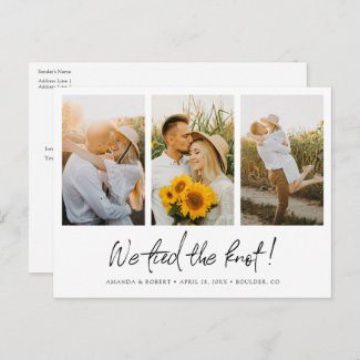 Photo collage elopement announcement postcard with modern we tied the knot typography.