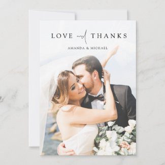 Photo wedding thank you card with modern black typography.