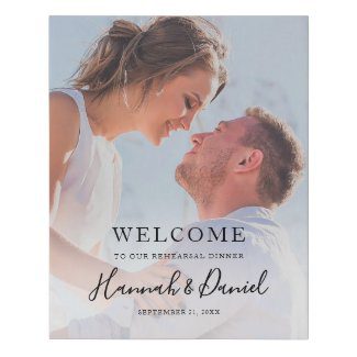 wedding rehearsal dinner faux canvas welcome sign with full photo and modern typography.