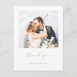 Simple modern wedding photo thank you card with gold typography.