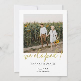 We eloped card with photo and modern gold typography.