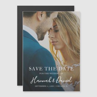 Magnet save the date card with white script and full photo.
