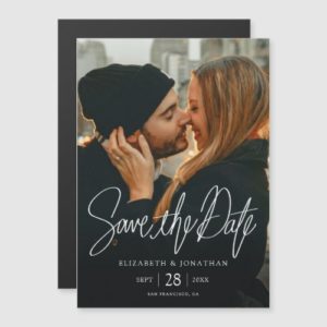 Magnet wedding save the date invitations with full photo and white typography.