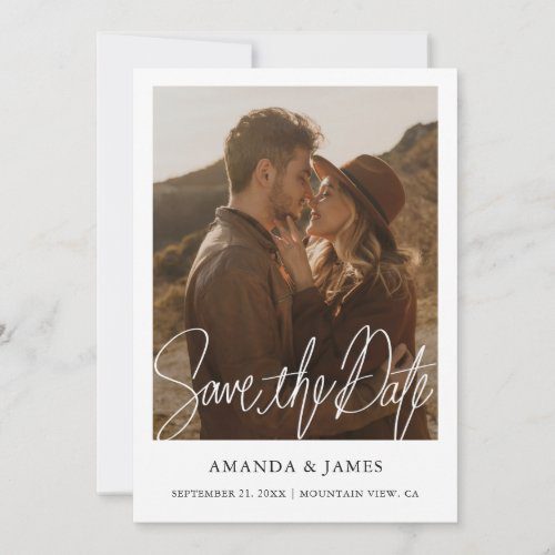 Photo save the date wedding invitation with simple borders and handwriting.