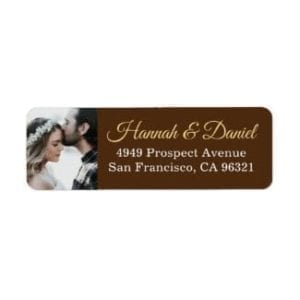 rustic wedding return address label with photo and names in gold on a brown base