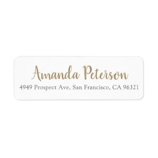 simple return address label with name in gold in modern script and address in gray