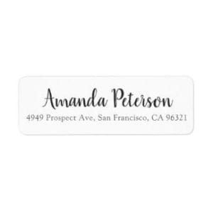 return address label with name in simple, modern script and text in gray