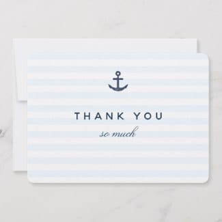 Nautical horizontal thank you flat card with navy blue anchor and stripes