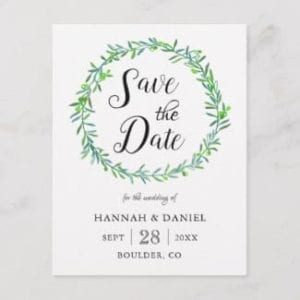 Simpple wedding save teh date postcard with green olive wreath