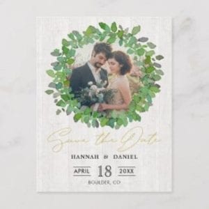 rustic country photo wedding save the date postcard with green watercolor wreath and whitewashed wood motif base