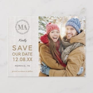 Wedding save the date postcard with photo, gold text and rustic wood motif