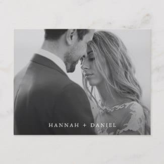 Simple, modern, horizontal black and white photo wedding save the date postcard
