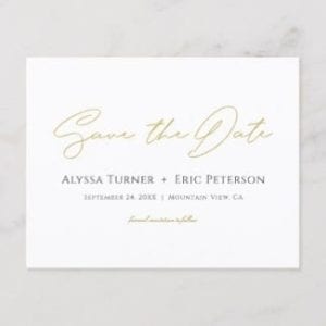 Simple modern gold save the date postcard with typography