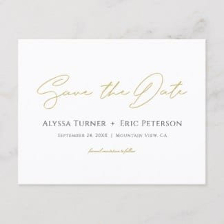 Simple modern gold save the date postcard with typography