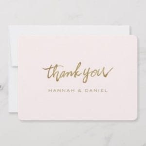 pink and gold wedding thank you flat card with modern script