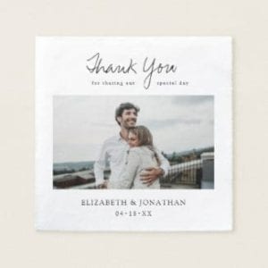 simple modern photo wedding napkin with relaxed script and thank you for sharing our special day message