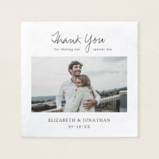 simple modern photo wedding napkin with relaxed script and thank you for sharing our special day message