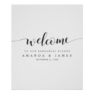 simple modern minimalist black and white wedding rehearsal dinner welcome sign with whimsical script
