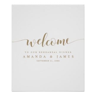 simple modern wedding rehearsal dinner welcome sign with whimsical gold script on white