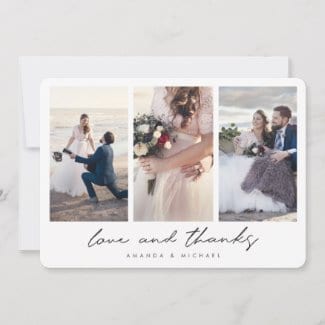 horizontal wedding thank you folded card with love and thanks in black, three photos on front, one photo inside and pre printed message