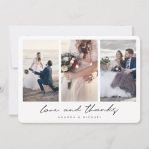 simple modern three photo collage wedding thank you card with love and thanks in black script