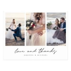 love and thanks three photo collage wedding thank you postcard