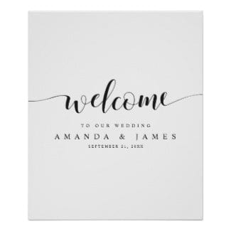 simple modern flowing script black and white wedding welcome sign