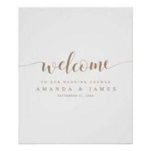 simple modern minimalist gold and white couples shower welcome sign with whimsical script