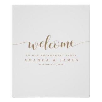 simple modern gold and white wedding engagement party welcome sign with whimsical script