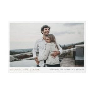 Simple modern wedding guest book with photo and names in gold