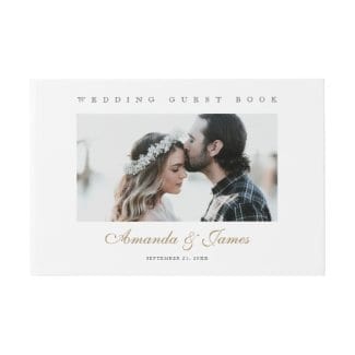 simple modern wedding guest book with photo and elegant gold names script