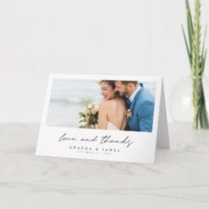simple modern wedding thank you folded card with photo on front and inside with 'love and thanks' in black script