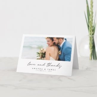simple modern wedding thank you folded card with photo on front and inside with 'love and thanks' in black script
