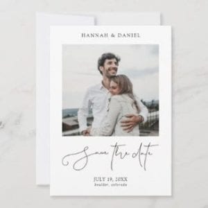 simple modern wedding invitation save the date flat card with photo, borders and casual black script