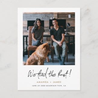 simple modern photo wedding elopement postcard with we tied the knot! in black script and names in gold