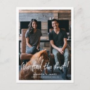modern wedding elopement announcement postcard with photo and we tied the knot in casual white script