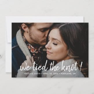 modern wedding elopement announcement card with photo and brushed white we tied the knot" script