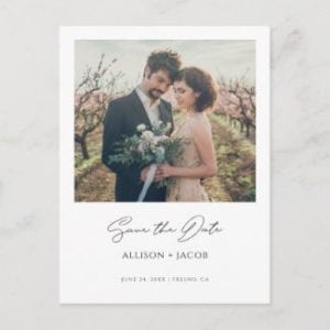 custom photo save the date invitation postcard with modern black calligraphy script
