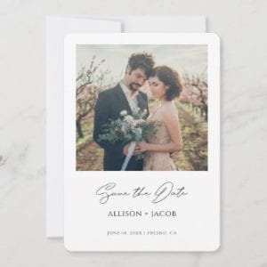 simple modern wedding save the date invitation card template with photo and black calligraphy script