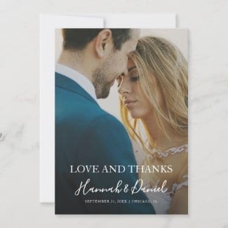 full photo love and thanks wedding thank you flat card with modern white calligraphy script