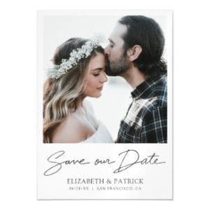 Simple modern save the date weddng magnet card with black script and borders.