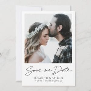 modern minimalist photo save the date card with black script and borders.