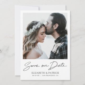 modern minimalist photo save the date card with black script and borders.