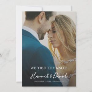 Simple modern photo elopement announcements with whimsical white names script
