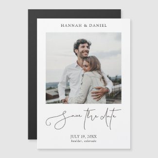 Simple wedding save the date magnets with photo and modern script in black.