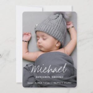 Custom photo baby announcements with modern white script.
