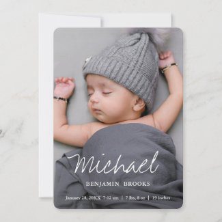 Custom photo baby announcements with modern white script.